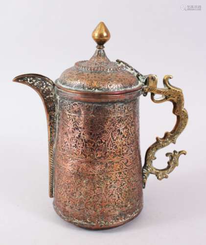 AN EARLY ISLAMIC / TURKISH BRASS / COPPER JUG, with a dragon style handle, 23cm high.
