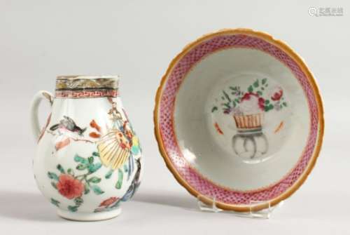 A 19TH CENTURY CHINESE FAMILLE ROSE BOWL, 4.5ins and a 19TH CENTURY SPARROW BEAK JUG.