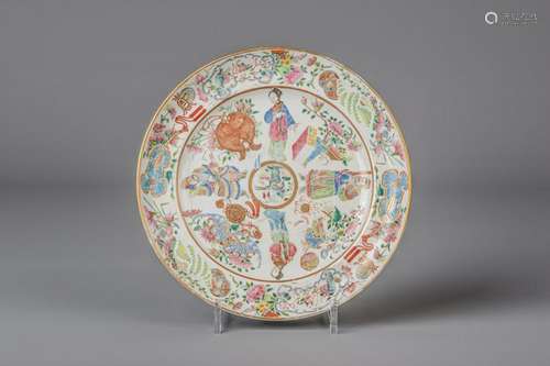 A Chinese famille rose Wu Shuang Pu plate, 19th C.