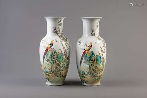 A pair of Chinese famille rose vases with birds, 20th