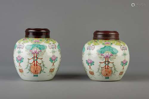 A pair of Chinese famille rose ginger jars with floral