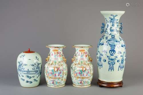 A pair of Chinese Canton famille rose vases and two