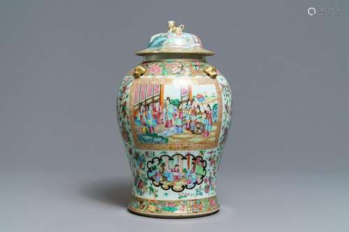 A Chinese Canton famille rose vase and cover, 19th C.