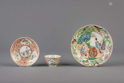 A Chinese famille rose cup and saucer and a Canton