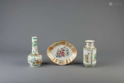 Two Chinese Canton famille verte vases and a lobed