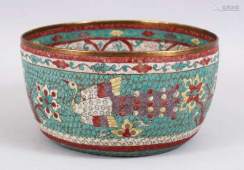 AN EARLY CHINESE MING STYLE CLOISONNE BOWL, decorated on a blue ground with formal scroll and