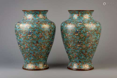 A pair of Chinese cloisonne vases with phoenixes and
