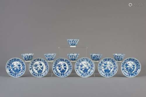 Six Chinese blue and white cups and saucers with floral