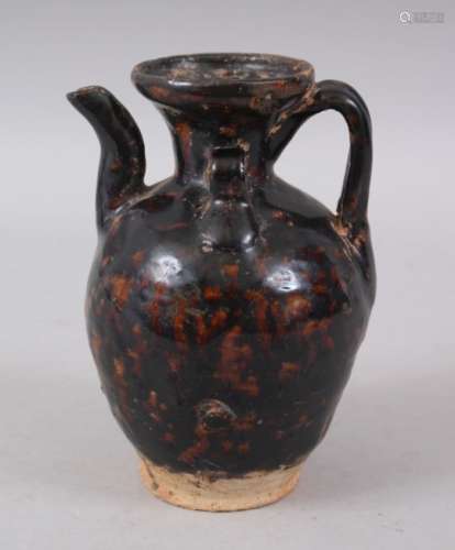 A GOOD CHINESE SONG STYLE POTTERY EWER, the black glaze with brown splash decoration, 15.5cm high