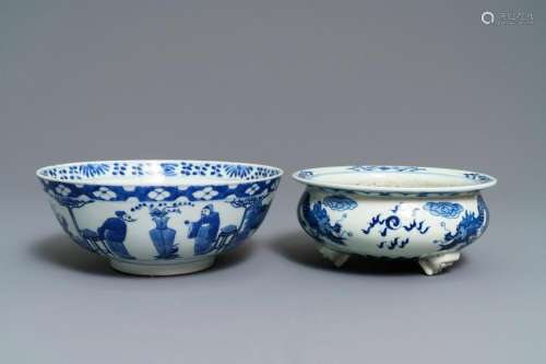 A Chinese blue and white bowl and a 'dragon' incense