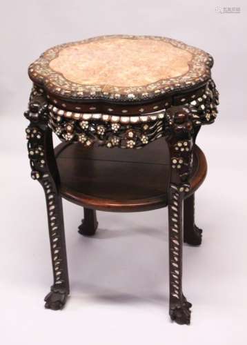 A GOOD 19TH CENTURY CHINESE HARDWOOD & MARBLE TOP PLANTER / STAND, the top inset with marble, the