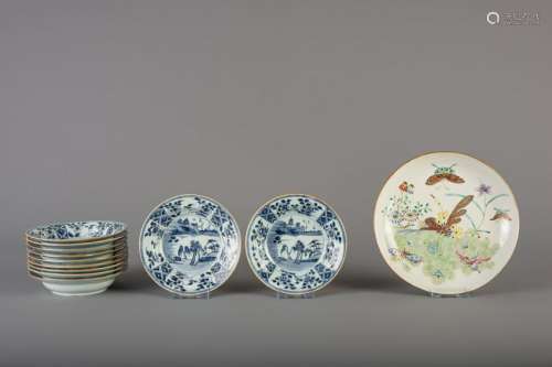 A Chinese famille rose 'butterflies' plate and eleven