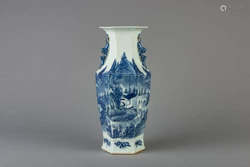 A hexagonal Chinese blue and white vase with a