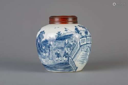 A Chinese blue and white ginger jar with figures in a