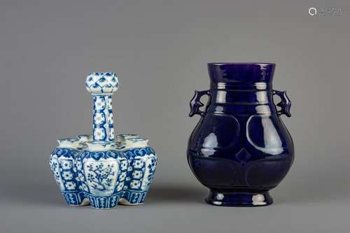 A Chinese monochrome purple hu vase and a blue and