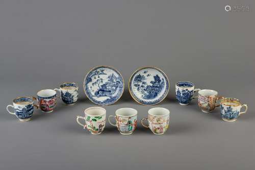 Nine Chinese famille rose and blue and white cups and