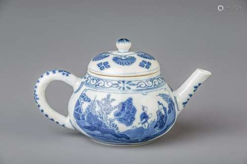 A Chinese blue and white teapot and cover with figures