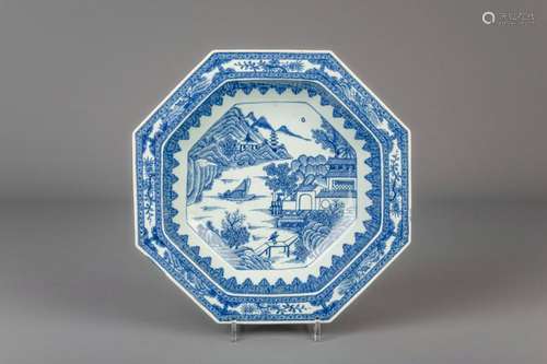 A Chinese octagonal blue and white 'landscape' bowl,