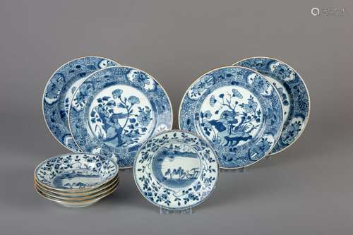 Nine Chinese blue and white dishes with floral design,