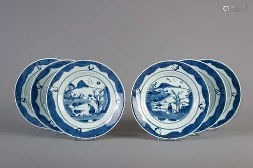 Six Chinese blue and white dishes, Kangxi