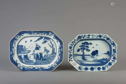 Two Chinese octagonal blue and white trays, Qianlong