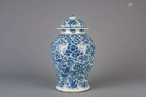 A Chinese blue and white vase and cover with phoenixes,