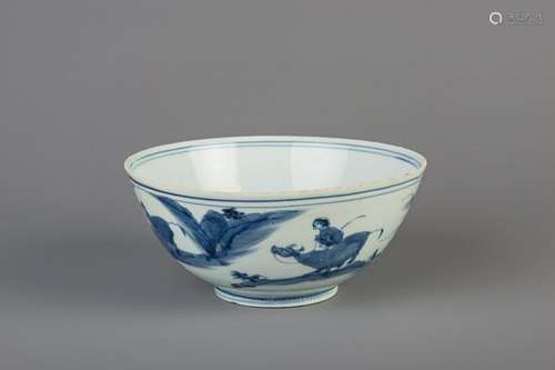 A Chinese blue and white bowl with figures in a