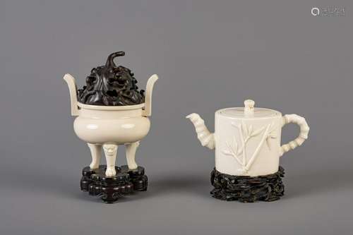 A Chinese Dehua blanc de Chine teapot and an incense