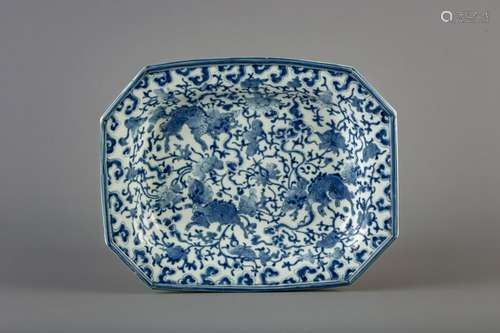 A Japanese Arita blue and white octagonal 'Shishi'