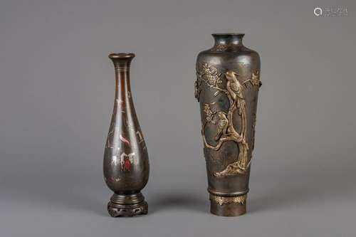 Two Japanese bronze vases, one relief decorated with