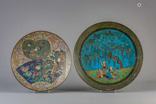 Two large Japanese cloisonne chargers with various