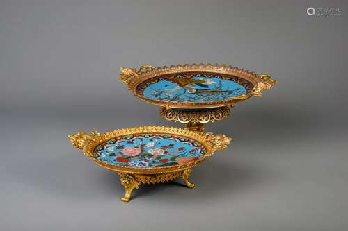 Two gilt mounted footed Japanese cloisonne chargers