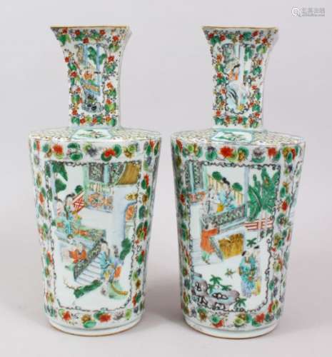 A PAIR OF 19TH CENTURY CHINESE CANTON FAMILLE ROSE PORCELAIN VASES, the body of the vases with
