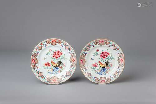 A pair of Chinese famille rose 'rooster' plates,