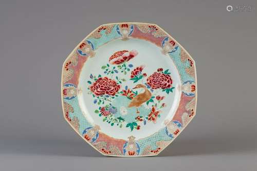 A Chinese famille rose octagonal dish with a goose and