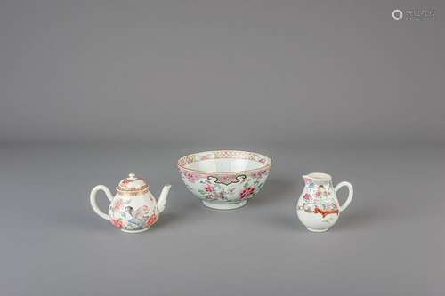 A Chinese famille rose teapot, a milk jug and a bowl,