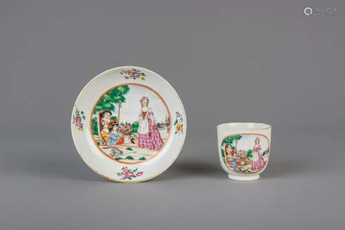 A Chinese famille rose cup and saucer with European