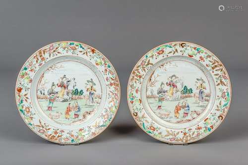 A pair of Chinese famille rose dishes with an animated