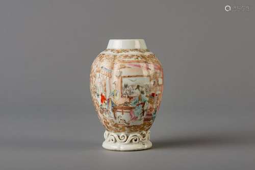 A Chinese famille rose tea caddy with a homely scene,