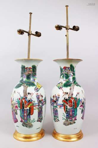 A PAIR OF 19TH CENTURY CHINESE FAMILLE VERTE / ROSE PORCELAIN VASES / LAMPS, decorated with six