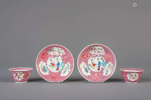 Two pairs of Chinese famille rose pink ground cups and