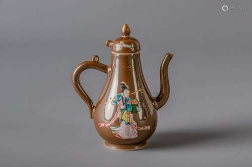 A Chinese famille rose jug and cover with Magu on a