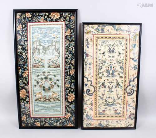 TWO GOOD 19TH CENTURY CHINESE EMBROIDERED SILK PICTURES, the larger decorated with scenes of cranes,