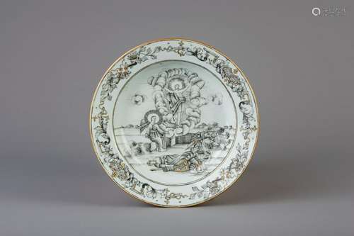 A Chinese grisaille and gilt 'Resurrection' deep plate,