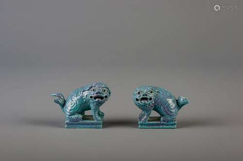 A pair of Chinese robin's egg glazed temple lions,