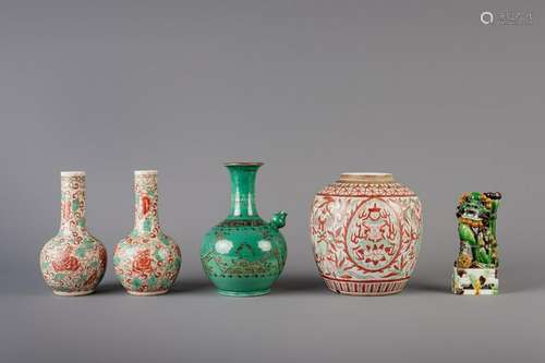 A Chinese famille verte ginger jar, a pair of vases, a