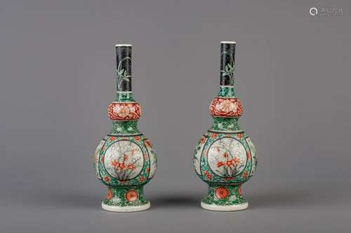 A pair of Chinese famille verte double gourd vases,