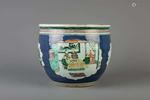 A Chinese famille verte blue ground jardinière, 19th C.