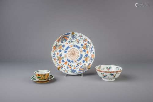 A Chinese famille verte bowl, plate and cup and saucer,