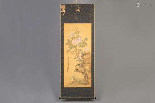 A Chinese silk scroll painting with flowers, signed,